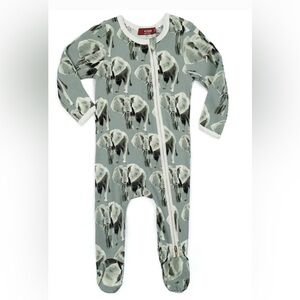 NWT Milkbarn Organic Cotton Footed Romper 2 Way Zip Front Gray Elephant 3-6 mo